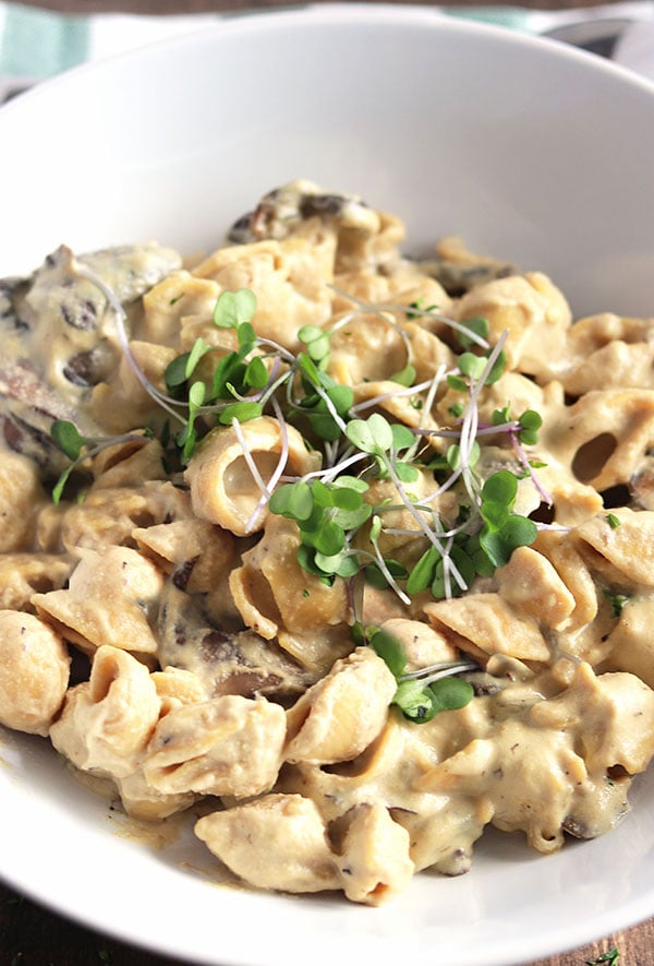 Dairy free pasta close up with micro greens. 