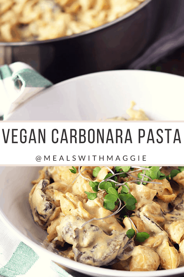 vegan carbonara pasta with text on the image.