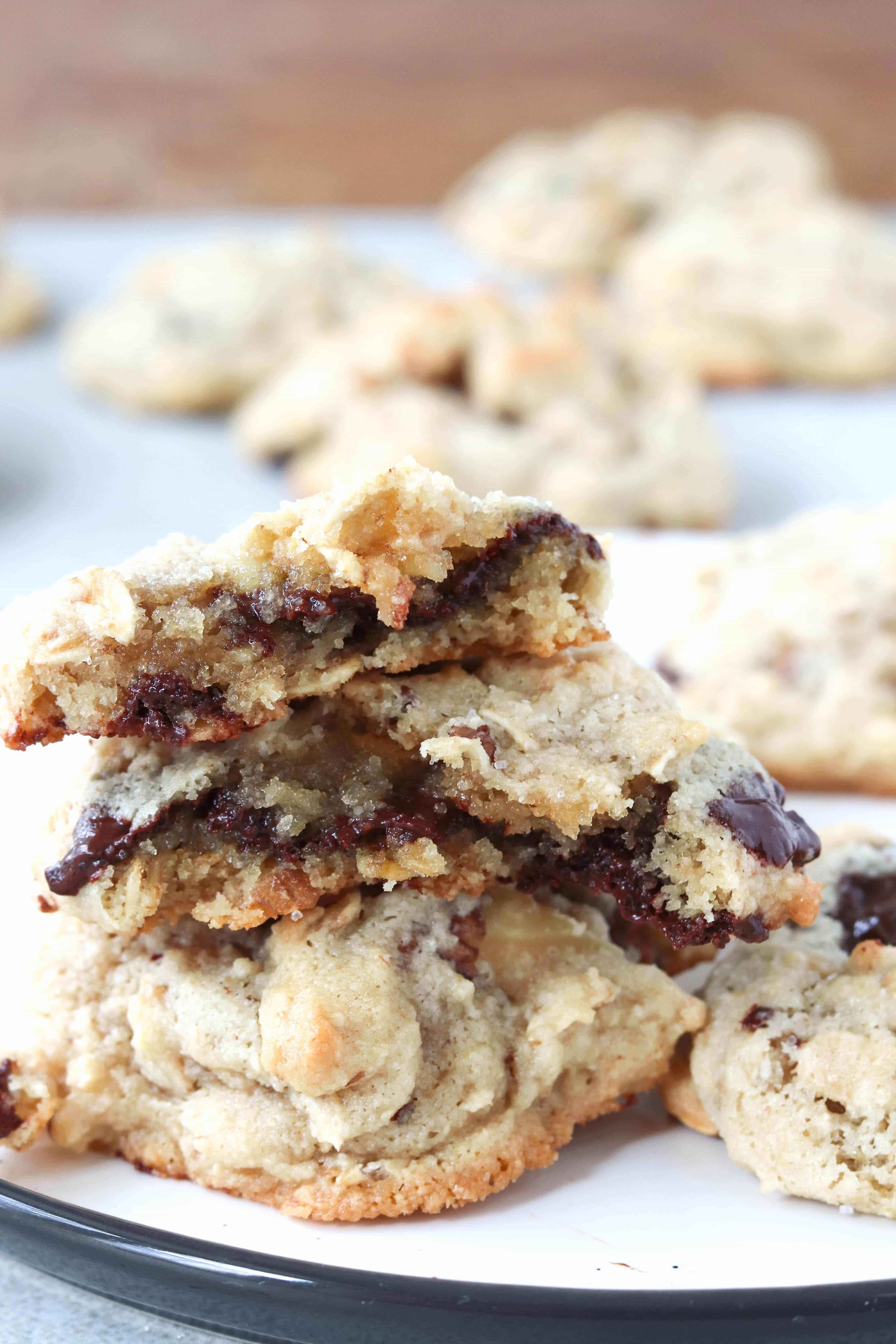 oatmeal chocolate chip cookies stacked on top on one another