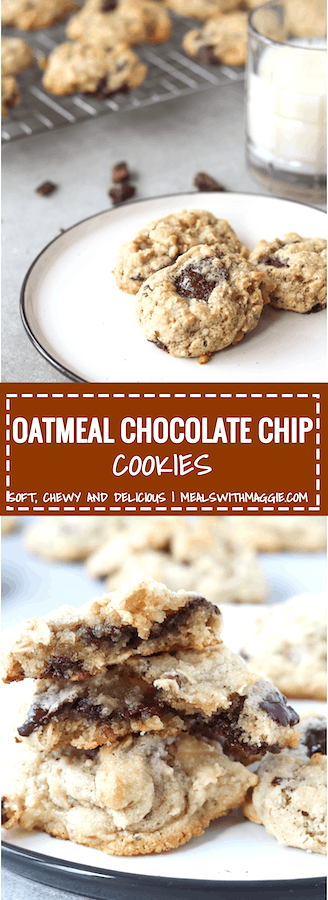 These oatmeal chocolate chip cookies are soft, chewy and melt-in-your-mouth. Made with almond flour, these cookies make for a healthier option to white flour | Mealswithmaggie.com #oatmealchocolatechipcookies #almondflourcookies #chocolatechipcookies