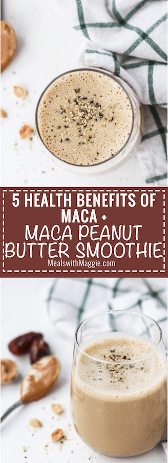 This Maca peanut butter smoothie is the perfect pairing of sweet and savory. Maca helps improve your mood, physical endurance, skin, memory and provides lasting energy. This smoothie is the perfect way to start your day | Mealswithmaggie.com #smoothieideas #smoothie #maca #macahealthbenefits #peanutbuttersmoothie