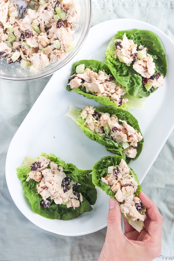 Chicken salad on a plate with lettuce. 