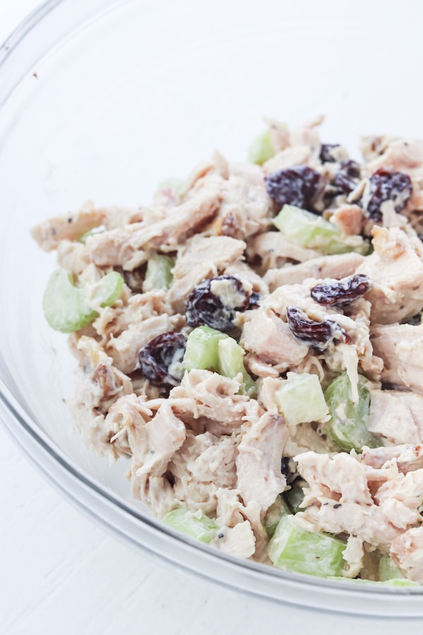 Chicken salad mixed up in a bowl.