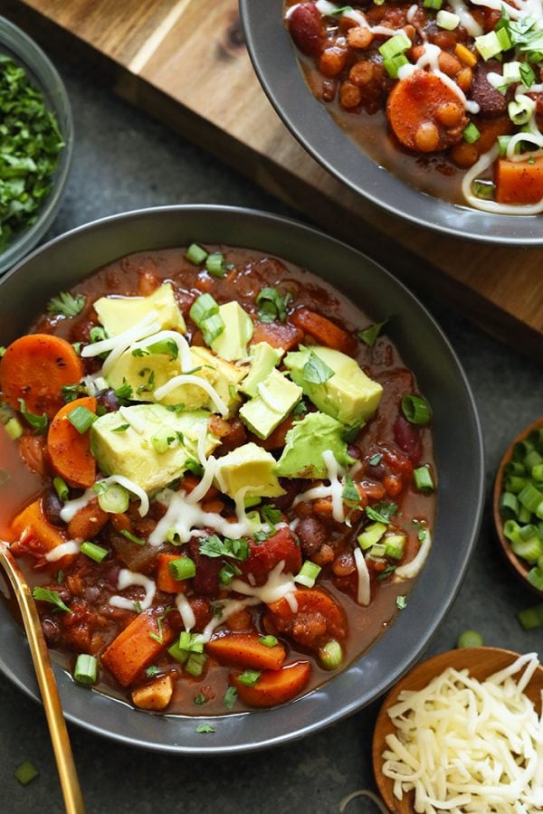 chili with avocado and black beans.